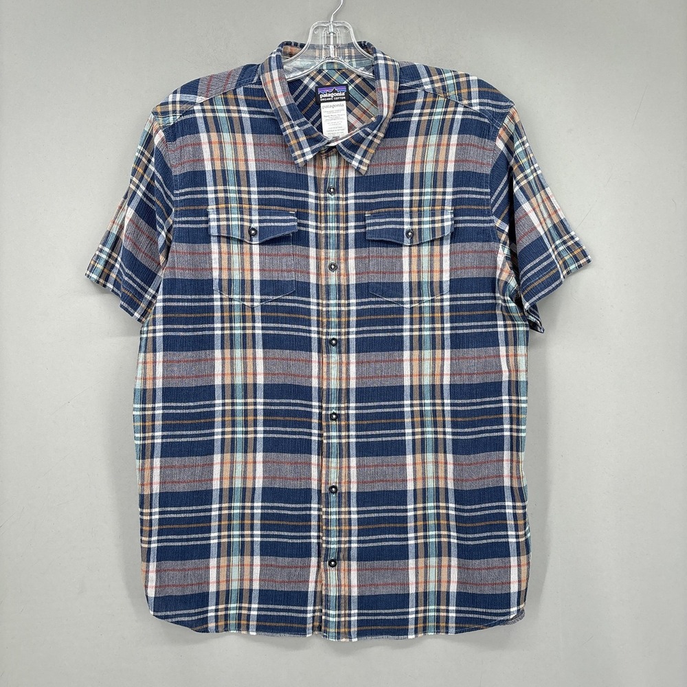 Patagonia Shirt Mens XL Blue Plaid Button‎ Up Short Sleeve Organic AC Steersman